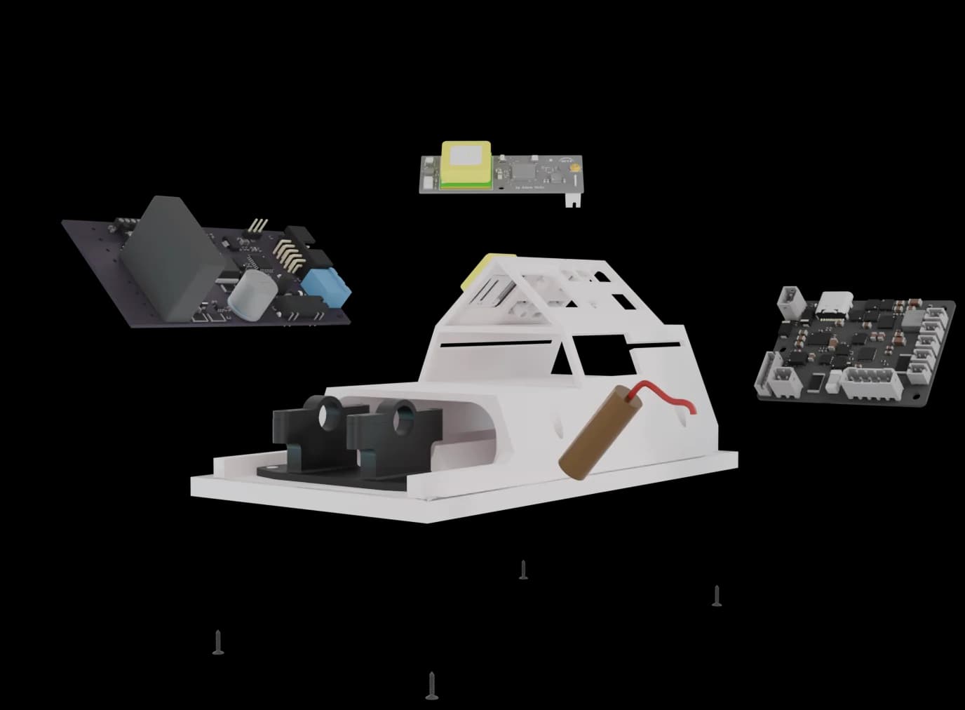 Exploded view of the Senselink node — sensor module, radio, embedded computer, and power system